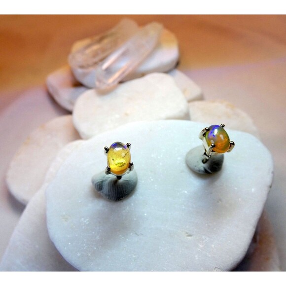 Natural Glowing  Australian Opal Sterling Silver Stud Earrings - Picture 2 of 7